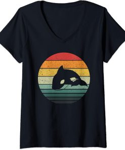 Womens Vintage Orca Retro Sunset Art 70s 80s V-Neck T-Shirt